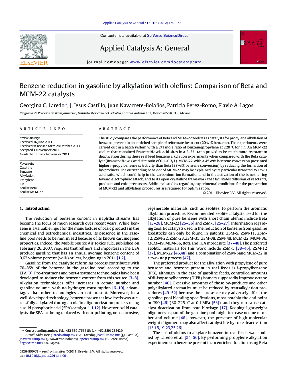 Benzene reduction in gasoline by alkylation with olefins: Comparison of Beta and MCM-22 catalysts