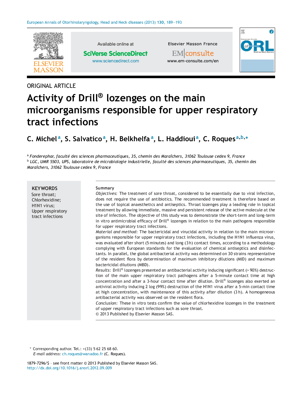 Activity of Drill® lozenges on the main microorganisms responsible for upper respiratory tract infections