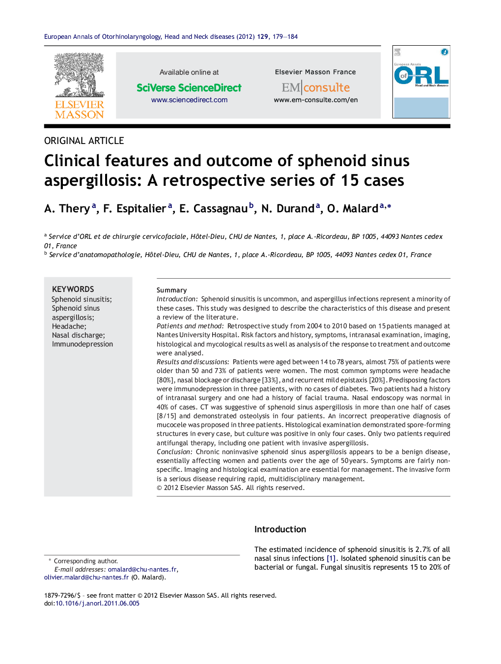 Clinical features and outcome of sphenoid sinus aspergillosis: A retrospective series of 15 cases