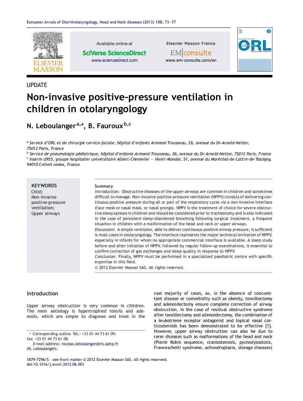 Non-invasive positive-pressure ventilation in children in otolaryngology