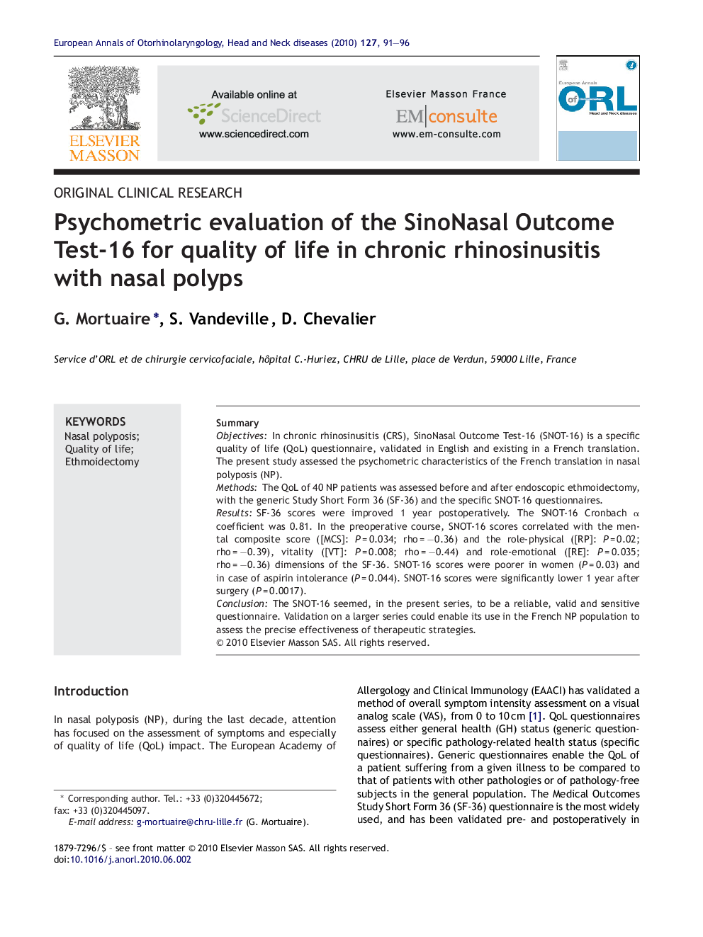 Psychometric evaluation of the SinoNasal Outcome Test-16 for quality of life in chronic rhinosinusitis with nasal polyps