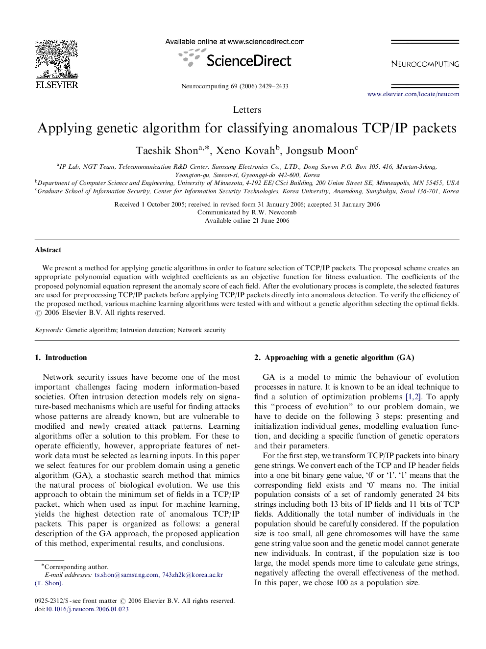 Applying genetic algorithm for classifying anomalous TCP/IP packets