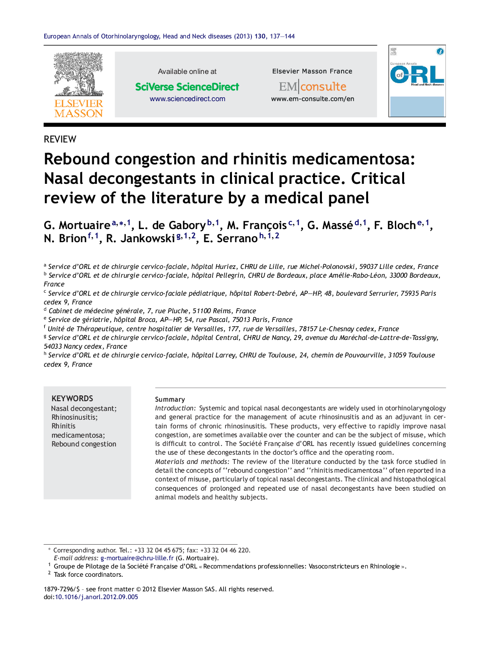 Rebound congestion and rhinitis medicamentosa: Nasal decongestants in clinical practice. Critical review of the literature by a medical panel