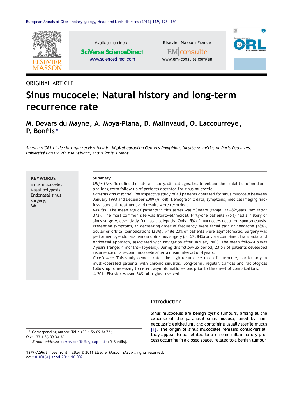 Sinus mucocele: Natural history and long-term recurrence rate