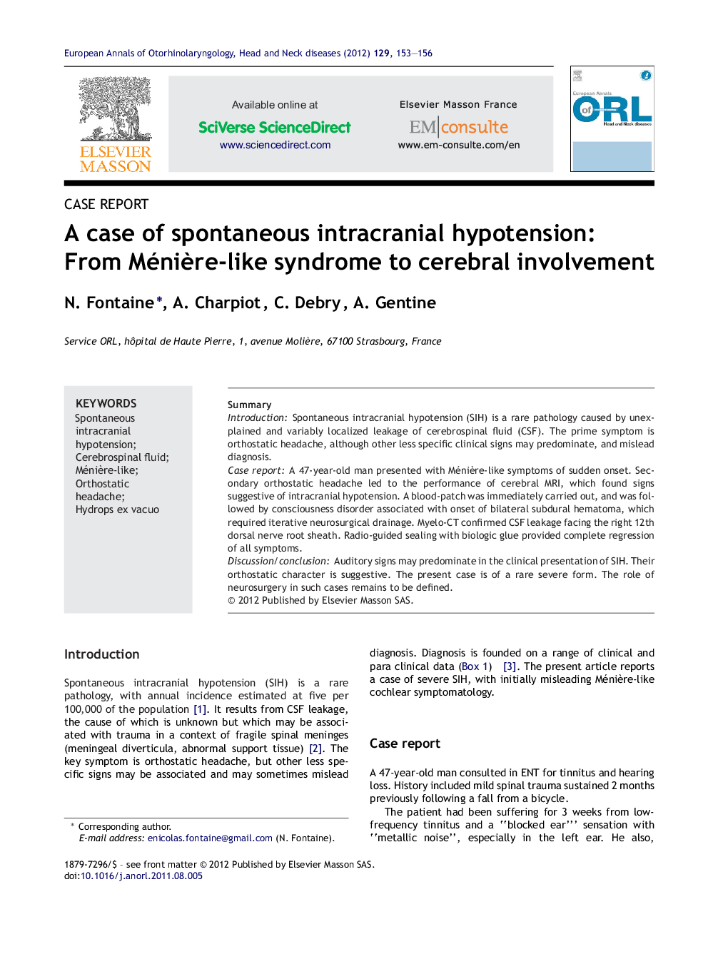 A case of spontaneous intracranial hypotension: From Ménière-like syndrome to cerebral involvement