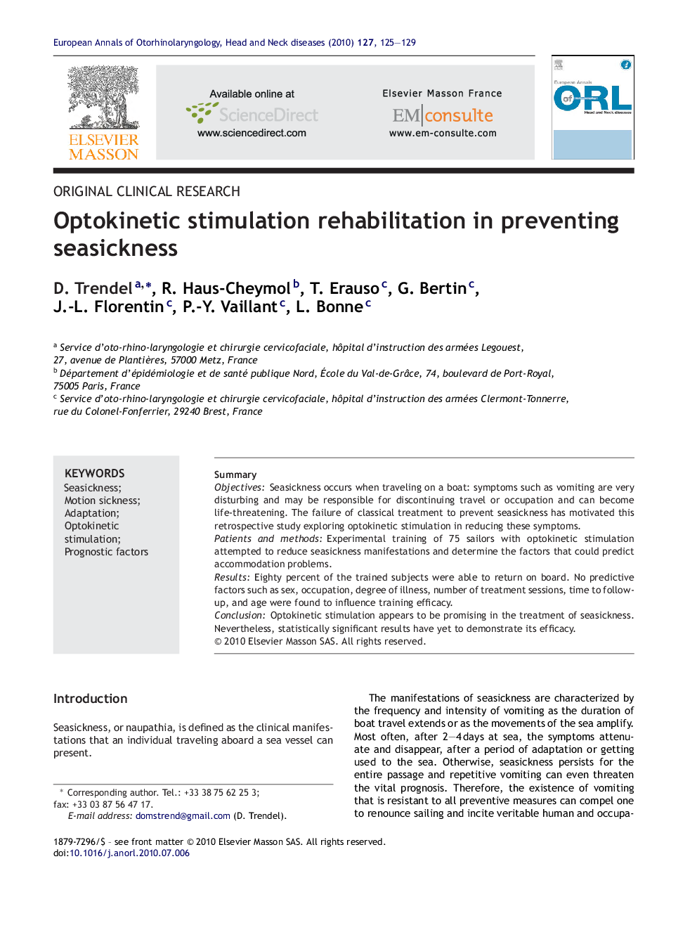 Optokinetic stimulation rehabilitation in preventing seasickness