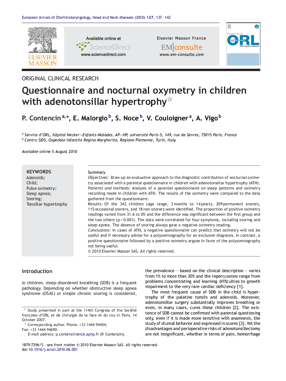 Questionnaire and nocturnal oxymetry in children with adenotonsillar hypertrophy 