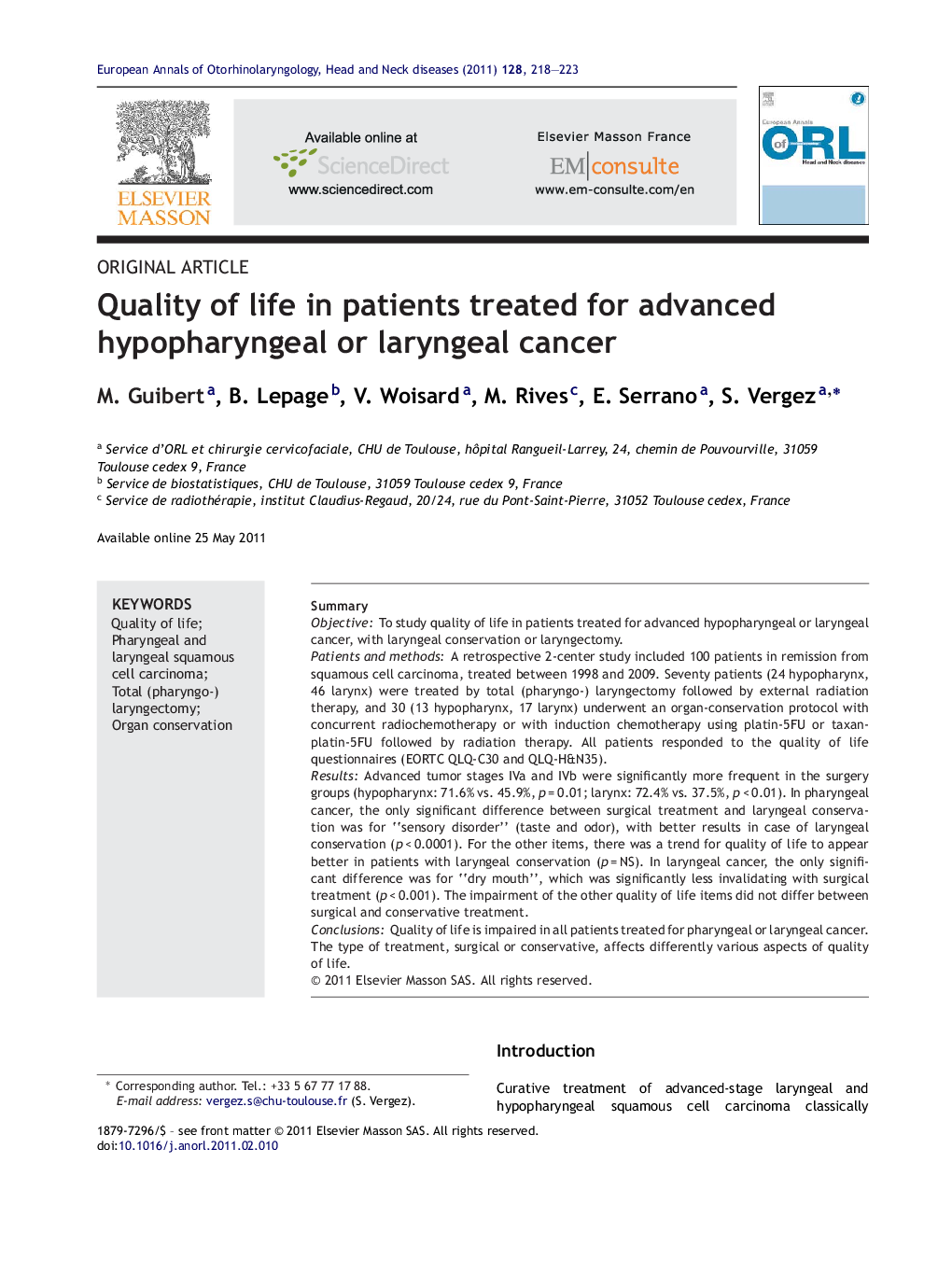 Quality of life in patients treated for advanced hypopharyngeal or laryngeal cancer