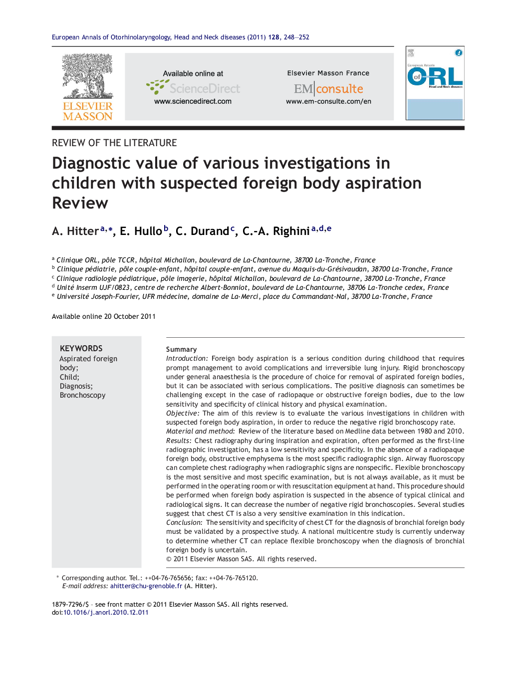 Diagnostic value of various investigations in children with suspected foreign body aspiration: Review