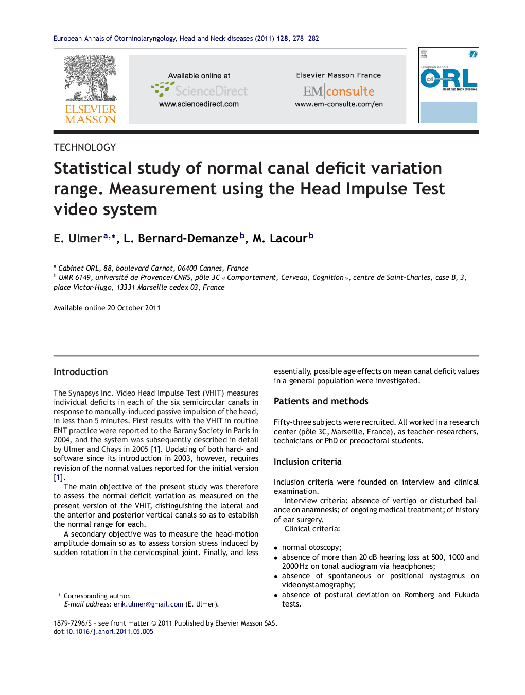 Statistical study of normal canal deficit variation range. Measurement using the Head Impulse Test video system