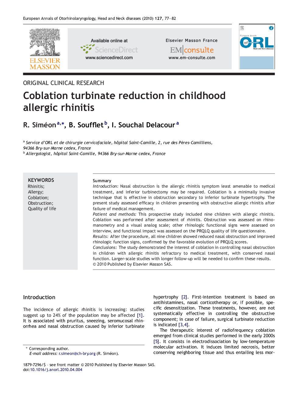 Coblation turbinate reduction in childhood allergic rhinitis