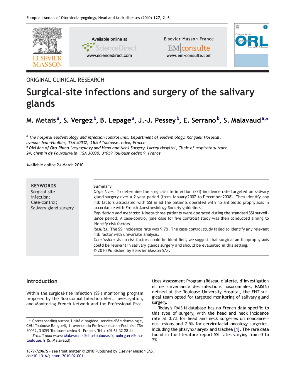 Surgical-site infections and surgery of the salivary glands