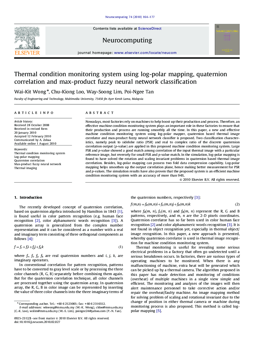 Thermal condition monitoring system using log-polar mapping, quaternion correlation and max-product fuzzy neural network classification