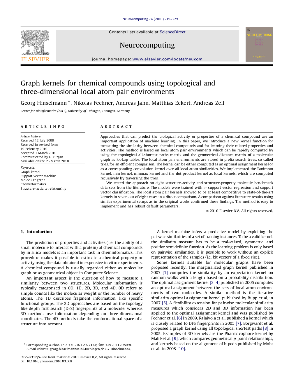 Graph kernels for chemical compounds using topological and three-dimensional local atom pair environments