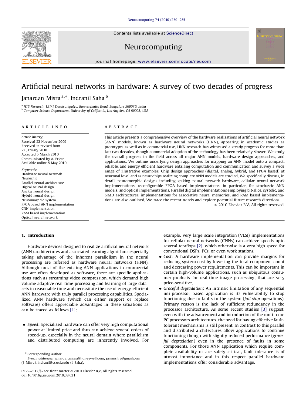 Artificial neural networks in hardware: A survey of two decades of progress