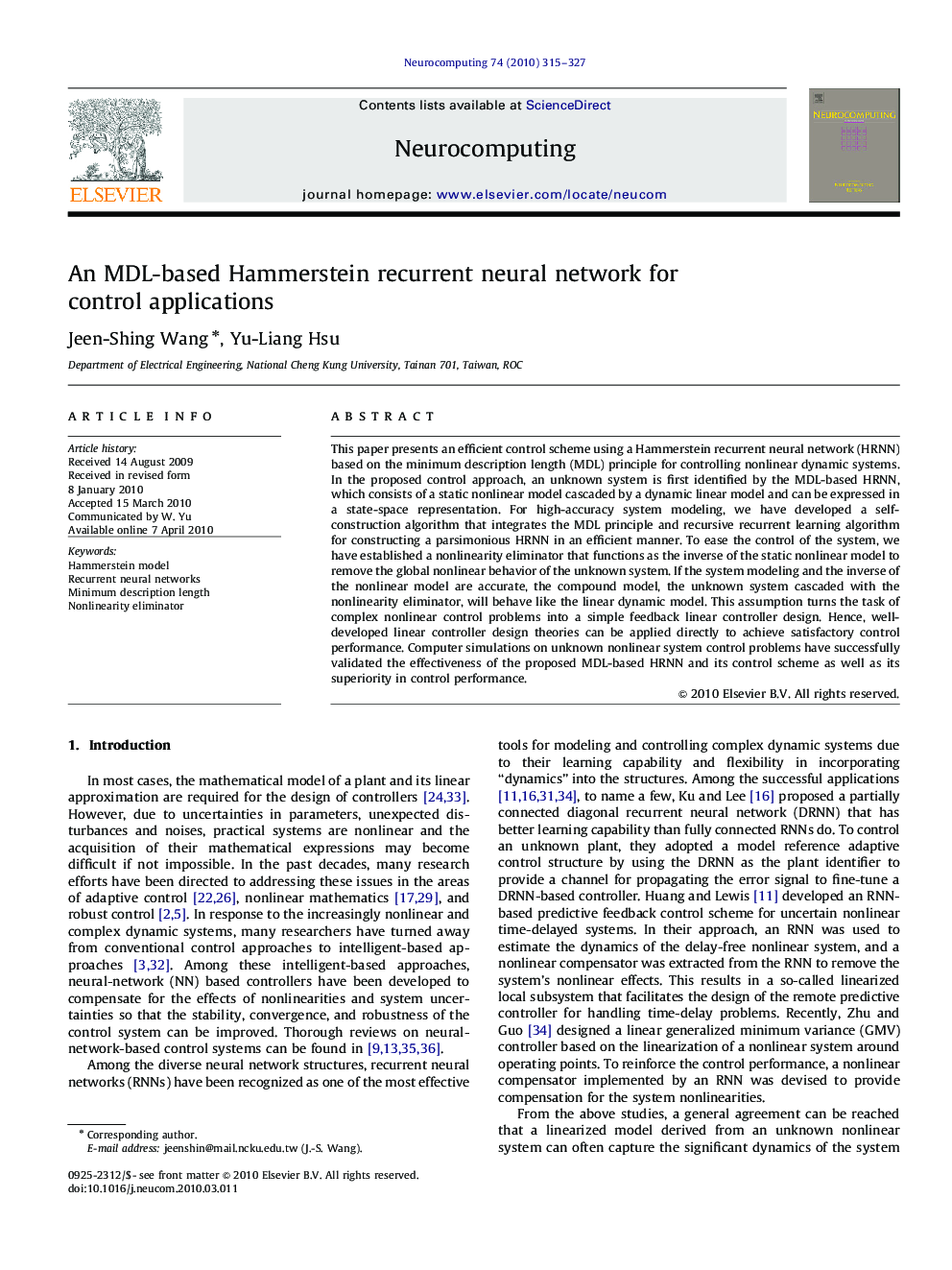 An MDL-based Hammerstein recurrent neural network for control applications