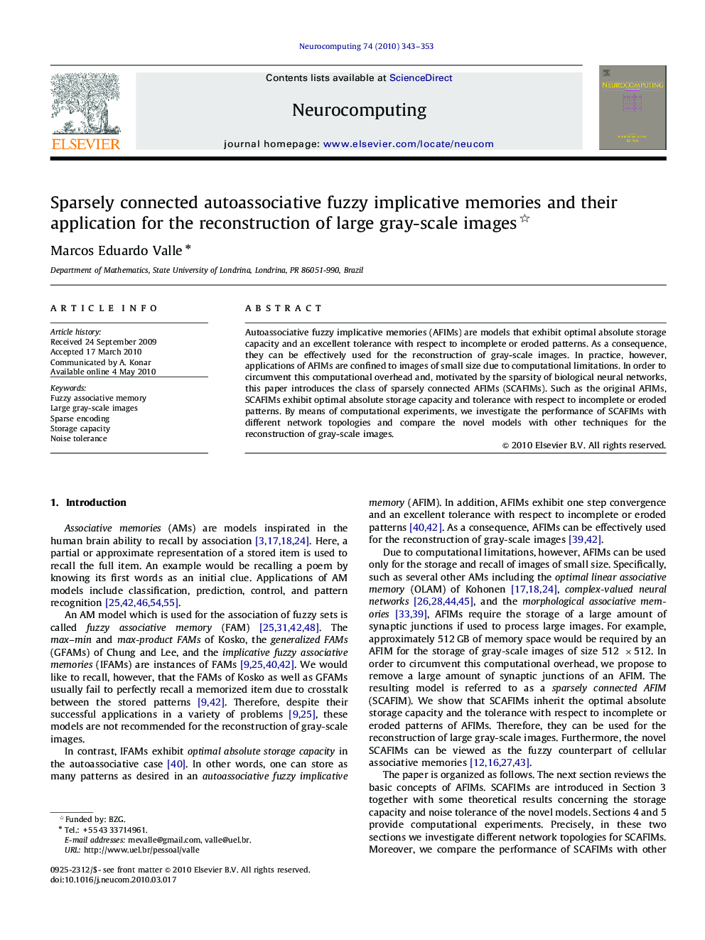 Sparsely connected autoassociative fuzzy implicative memories and their application for the reconstruction of large gray-scale images 