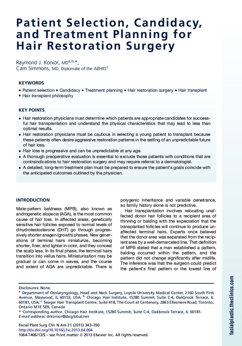 Patient Selection, Candidacy, and Treatment Planning for Hair Restoration Surgery