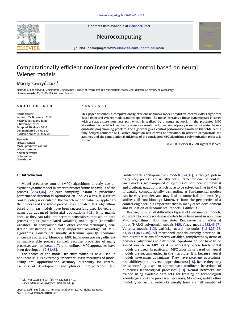 Computationally efficient nonlinear predictive control based on neural Wiener models