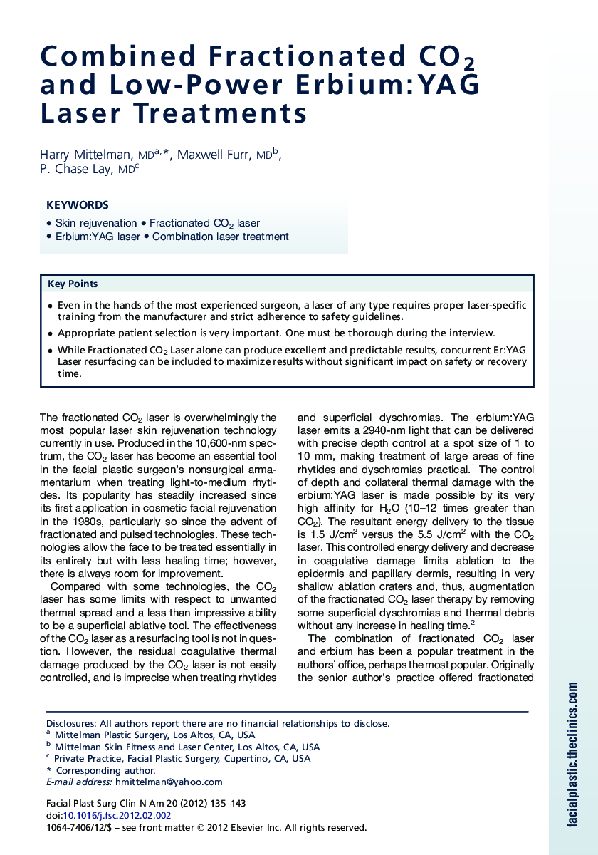 عکس صفحه اول مقاله: Combined Fractionated CO2 and Low-Power Erbium:YAG Laser Treatments Combined Fractionated CO2 and Low-Power Erbium:YAG Laser Treatments