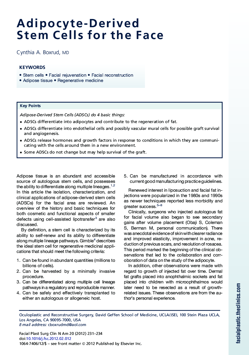 Adipocyte-Derived Stem Cells for the Face