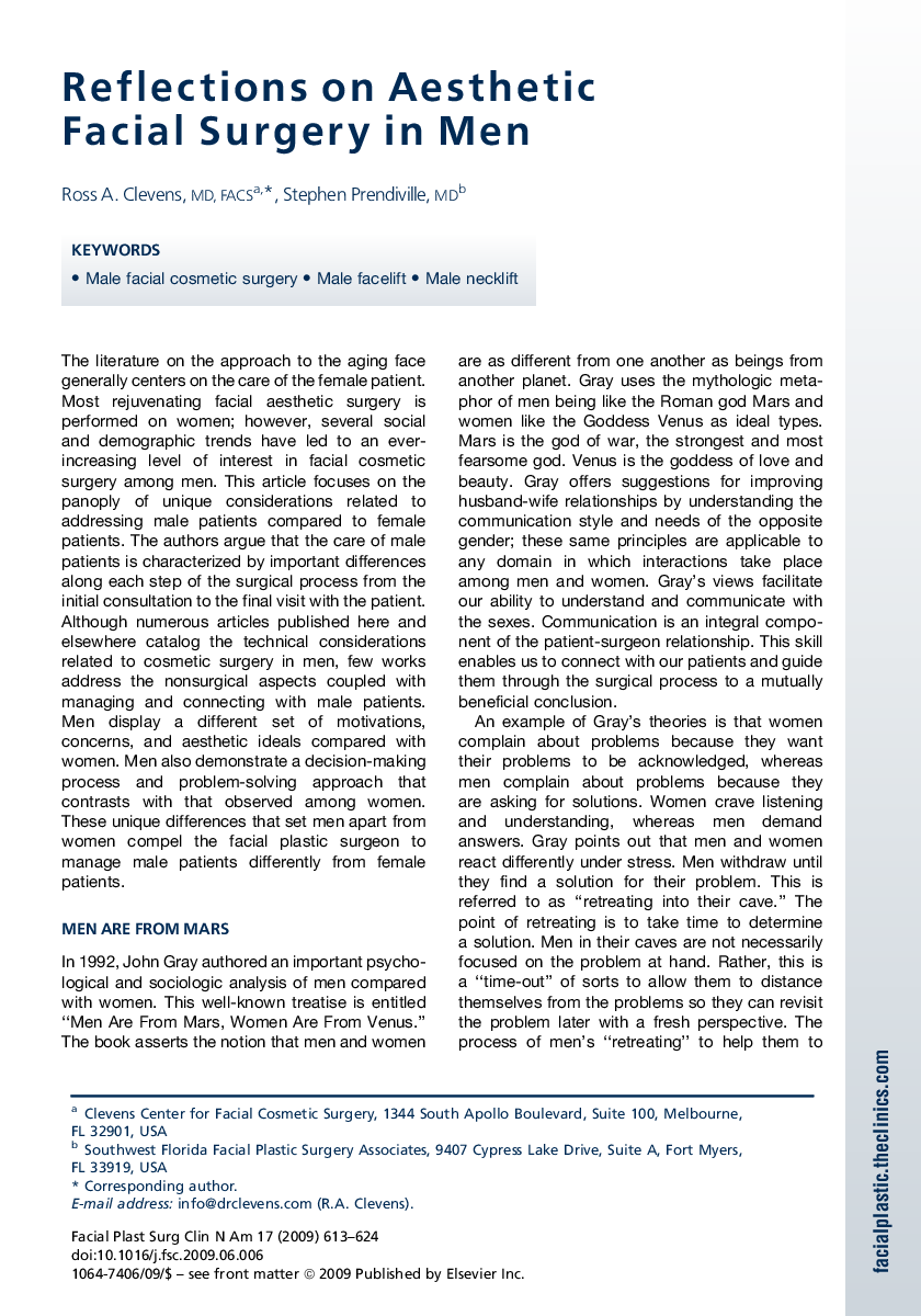 عکس صفحه اول مقاله: Reflections on Aesthetic Facial Surgery in Men Reflections on Aesthetic Facial Surgery in Men