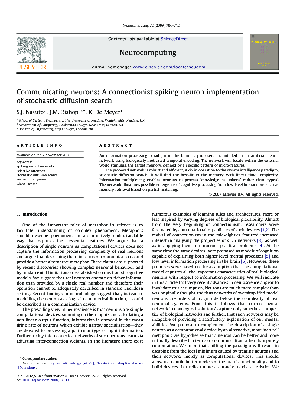 Communicating neurons: A connectionist spiking neuron implementation of stochastic diffusion search