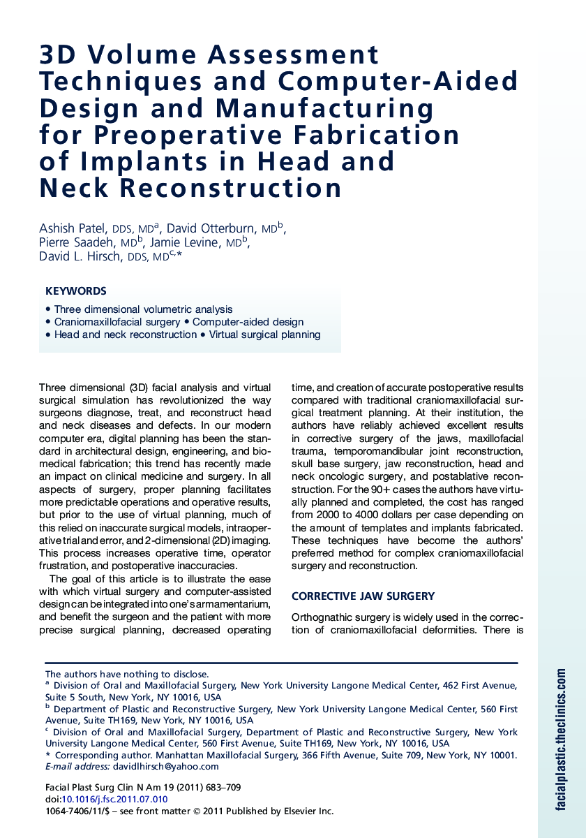 3D Volume Assessment Techniques and Computer-Aided Design and Manufacturing for Preoperative Fabrication of Implants in Head and Neck Reconstruction
