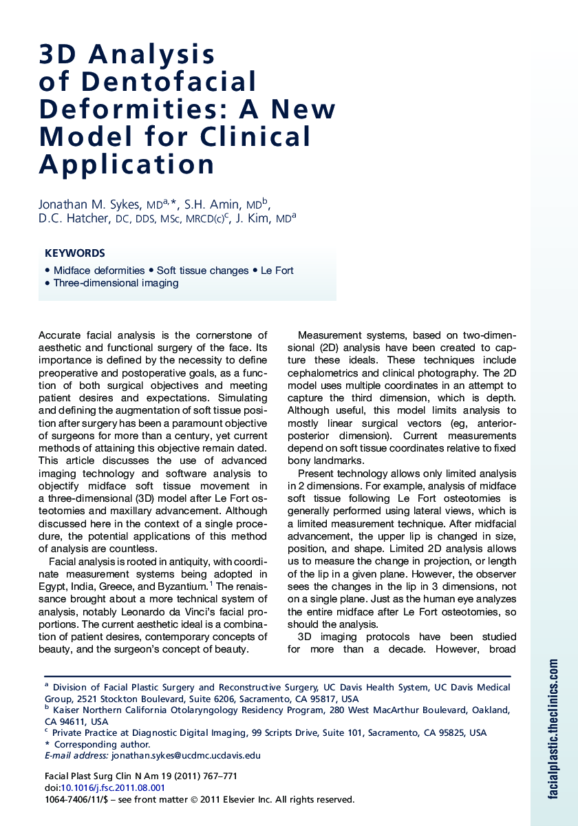 3D Analysis of Dentofacial Deformities: A New Model for Clinical Application