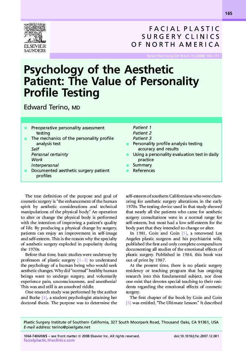 Psychology of the Aesthetic Patient: The Value of Personality Profile Testing