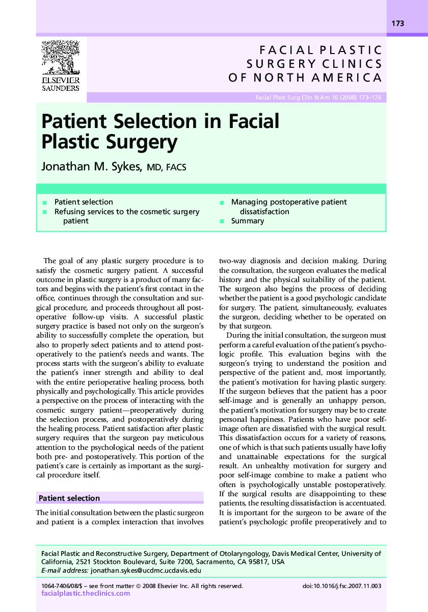 Patient Selection in Facial Plastic Surgery