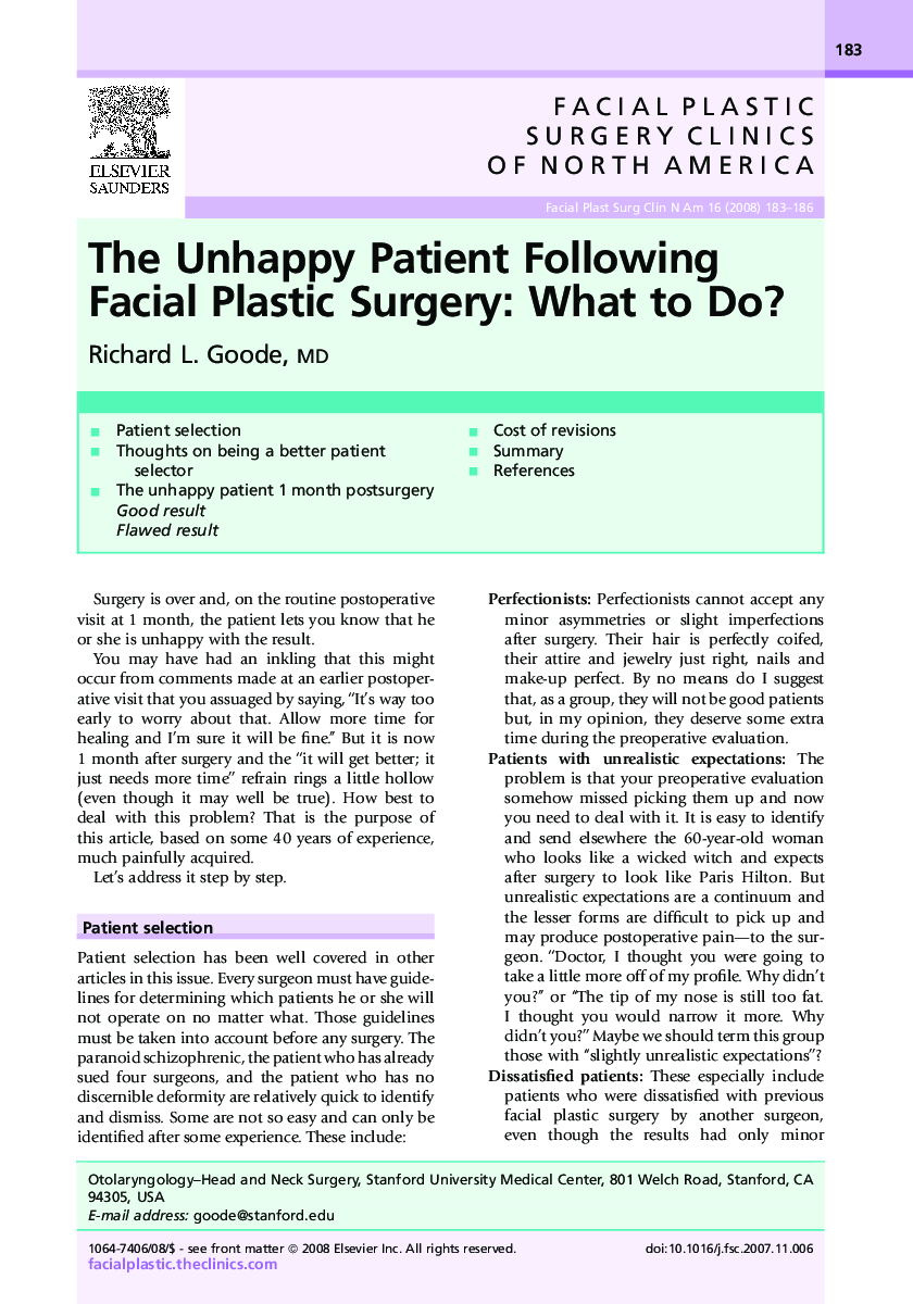 عکس صفحه اول مقاله: The Unhappy Patient Following Facial Plastic Surgery: What to Do? The Unhappy Patient Following Facial Plastic Surgery: What to Do?