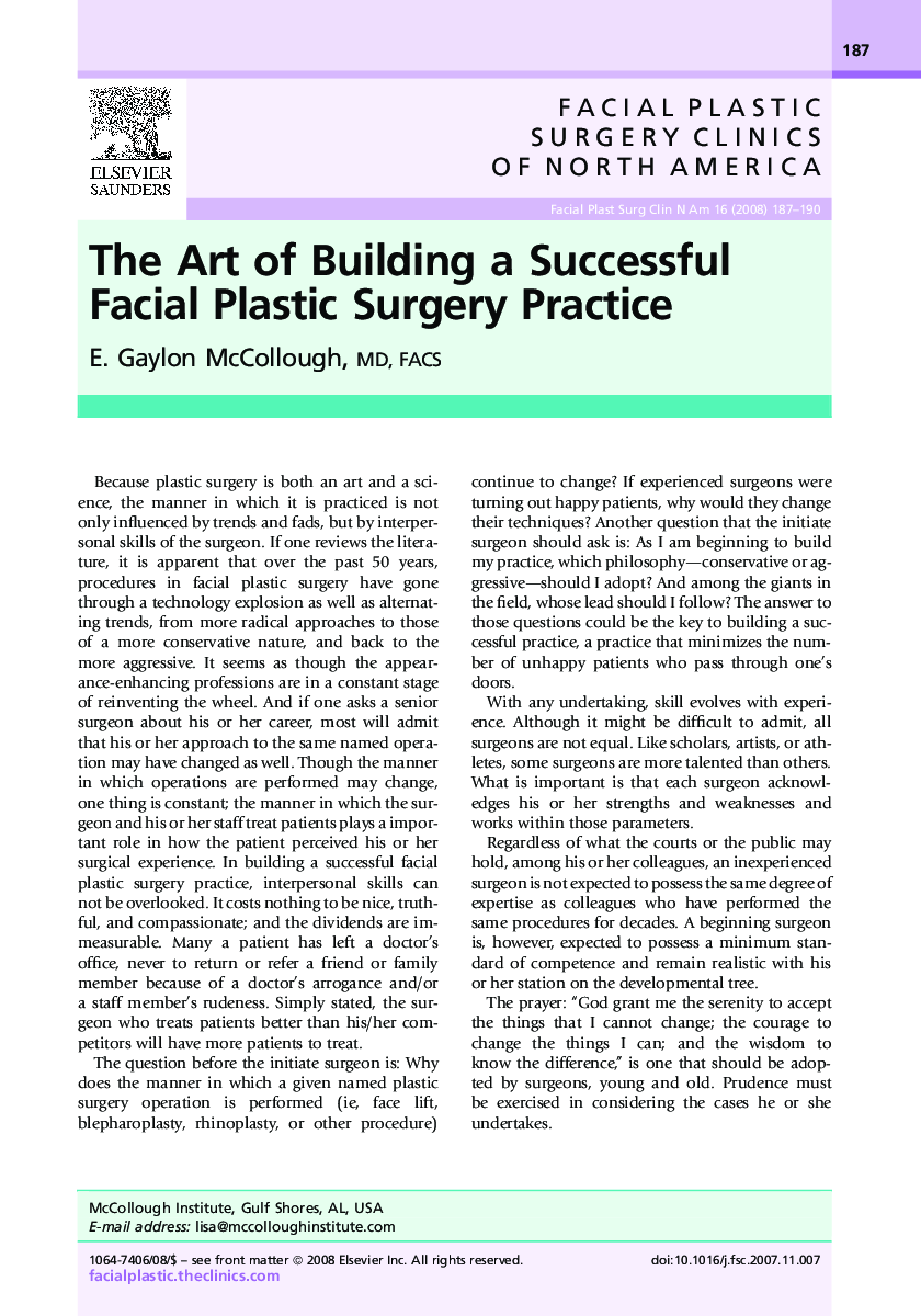 عکس صفحه اول مقاله: The Art of Building a Successful Facial Plastic Surgery Practice The Art of Building a Successful Facial Plastic Surgery Practice