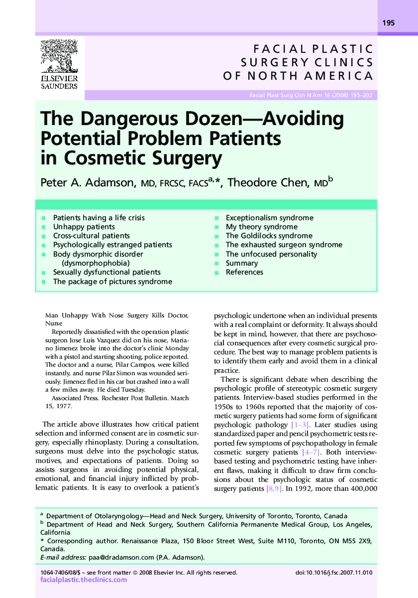 The Dangerous Dozen—Avoiding Potential Problem Patients in Cosmetic Surgery
