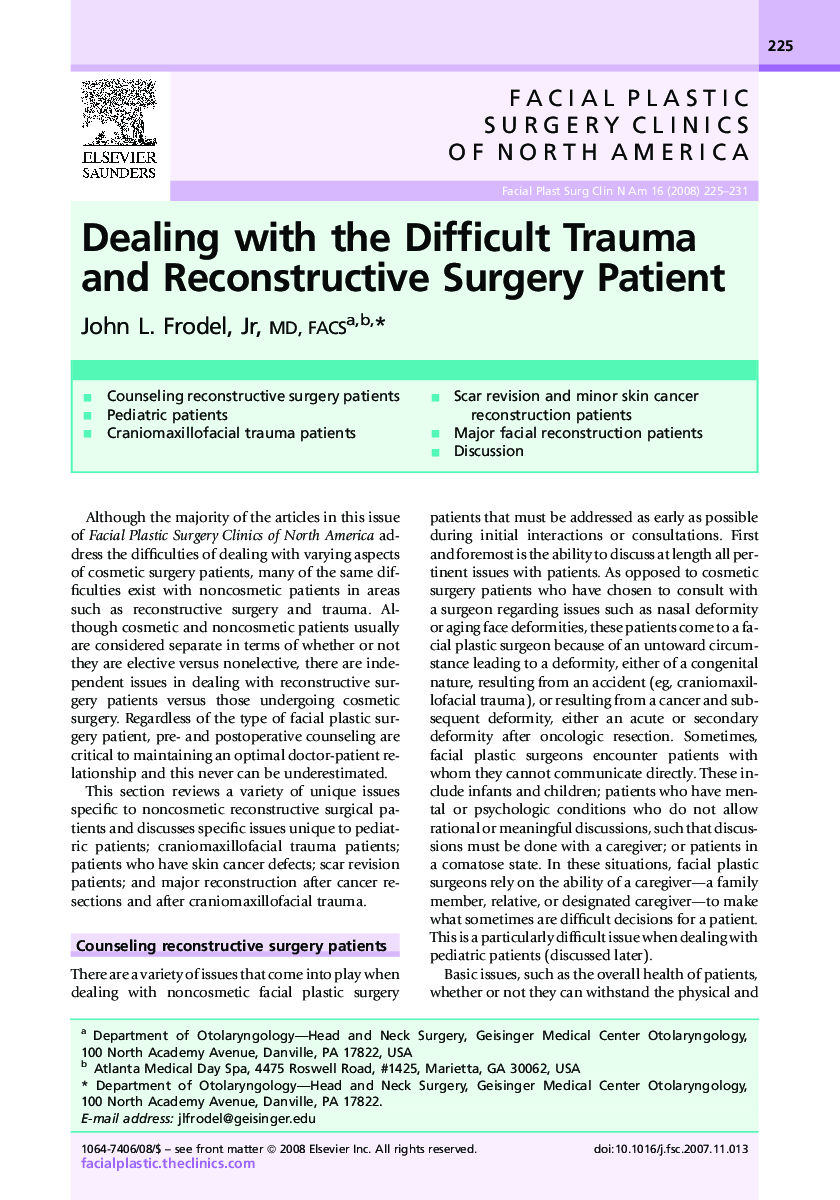 عکس صفحه اول مقاله: Dealing with the Difficult Trauma and Reconstructive Surgery Patient Dealing with the Difficult Trauma and Reconstructive Surgery Patient
