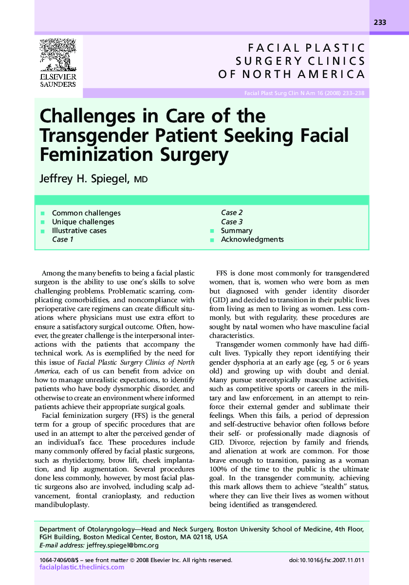 Challenges in Care of the Transgender Patient Seeking Facial Feminization Surgery