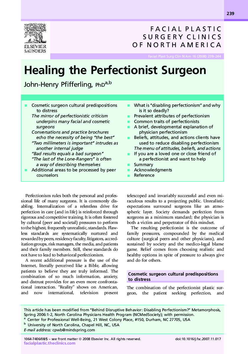 عکس صفحه اول مقاله: Healing the Perfectionist Surgeon Healing the Perfectionist Surgeon