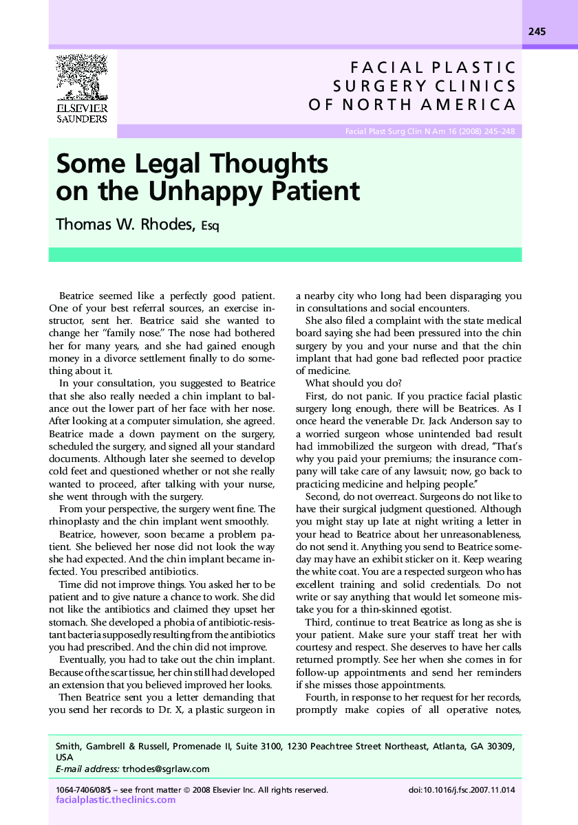 عکس صفحه اول مقاله: Some Legal Thoughts on the Unhappy Patient Some Legal Thoughts on the Unhappy Patient