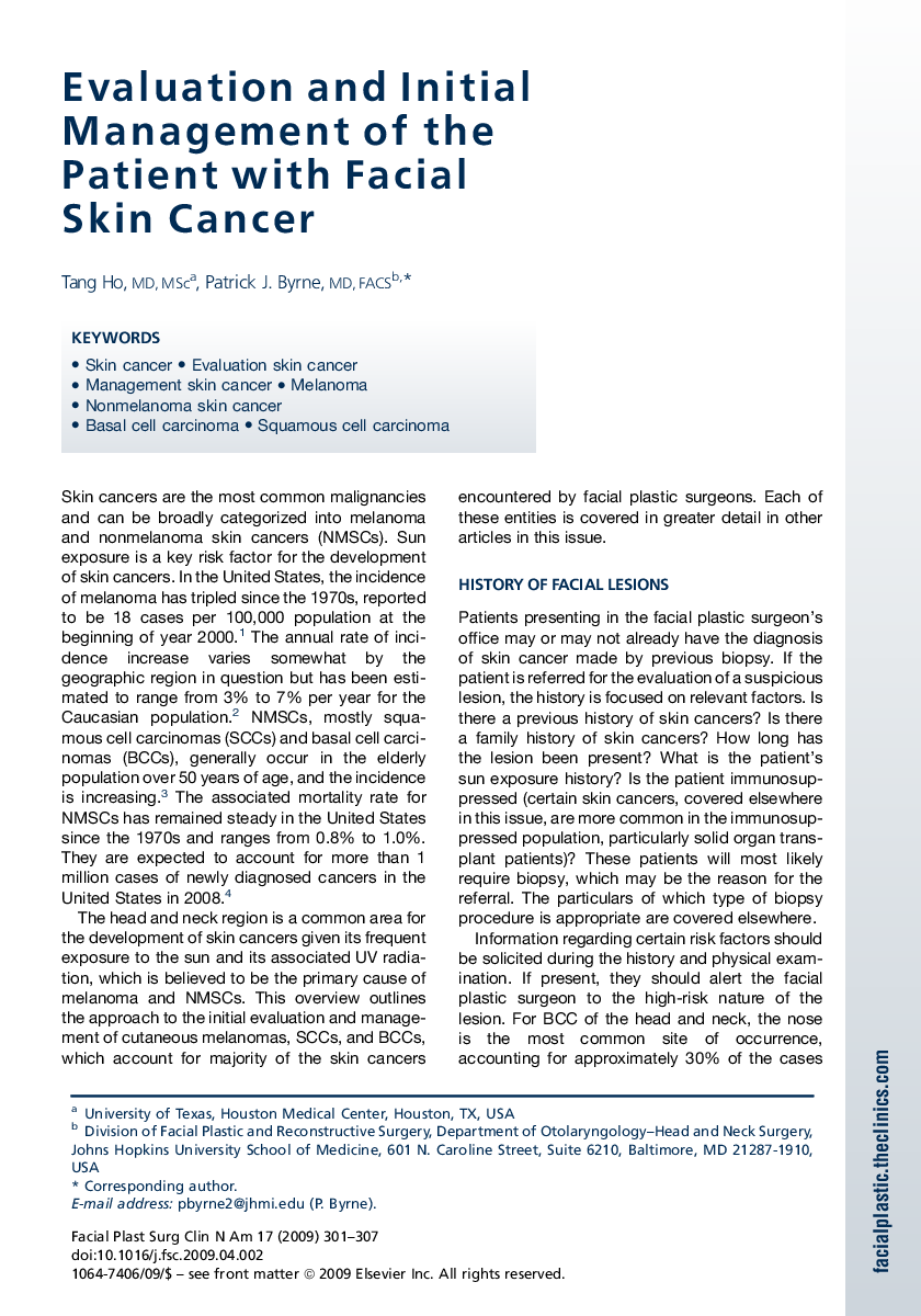 Evaluation and Initial Management of the Patient with Facial Skin Cancer