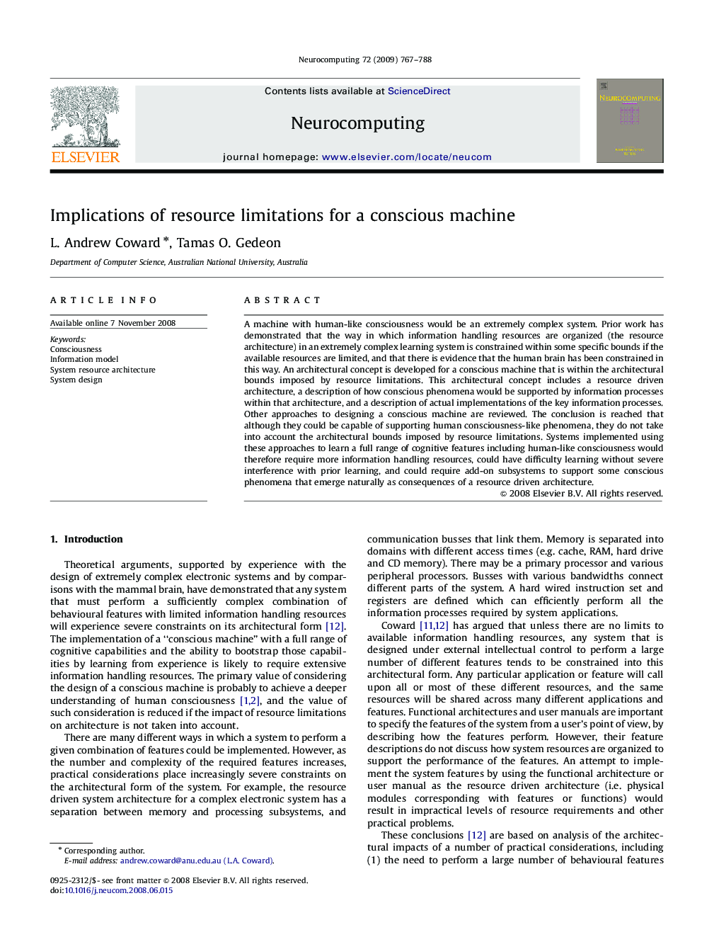 Implications of resource limitations for a conscious machine