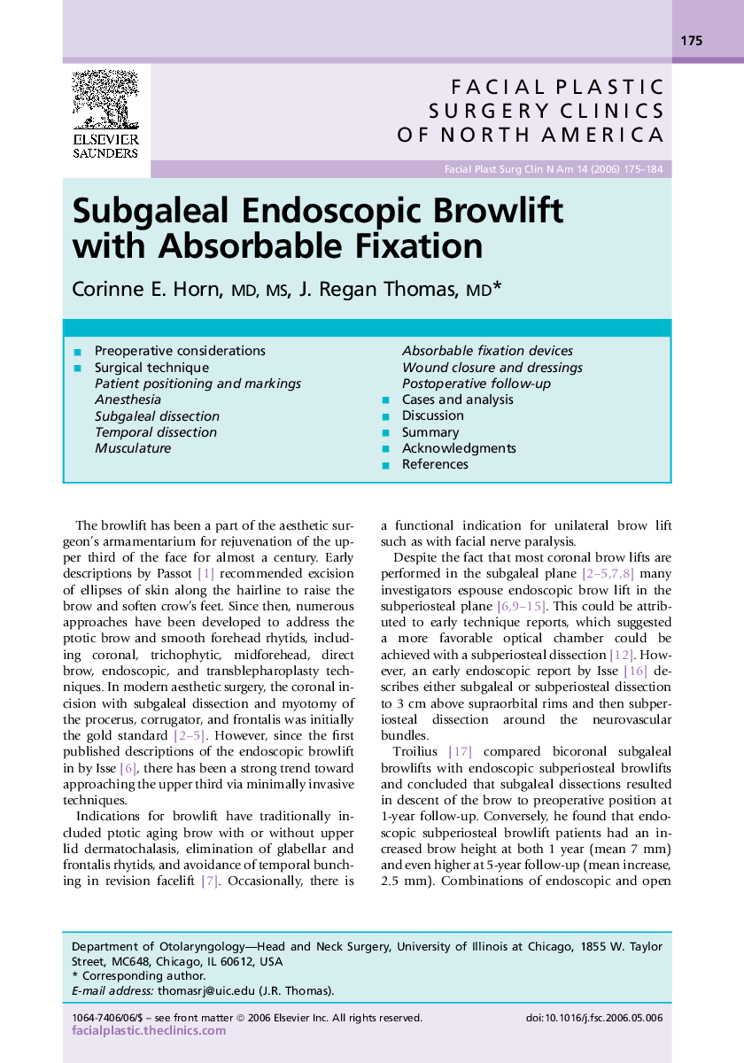 Subgaleal Endoscopic Browlift with Absorbable Fixation