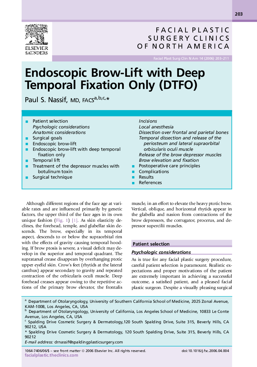 Endoscopic Brow-Lift with Deep Temporal Fixation Only (DTFO)