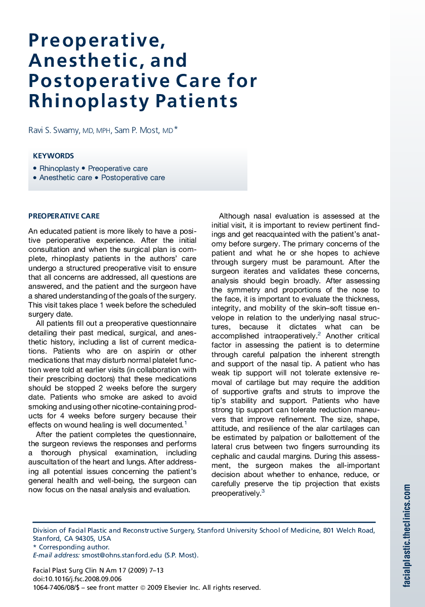 Preoperative, Anesthetic, and Postoperative Care for Rhinoplasty Patients