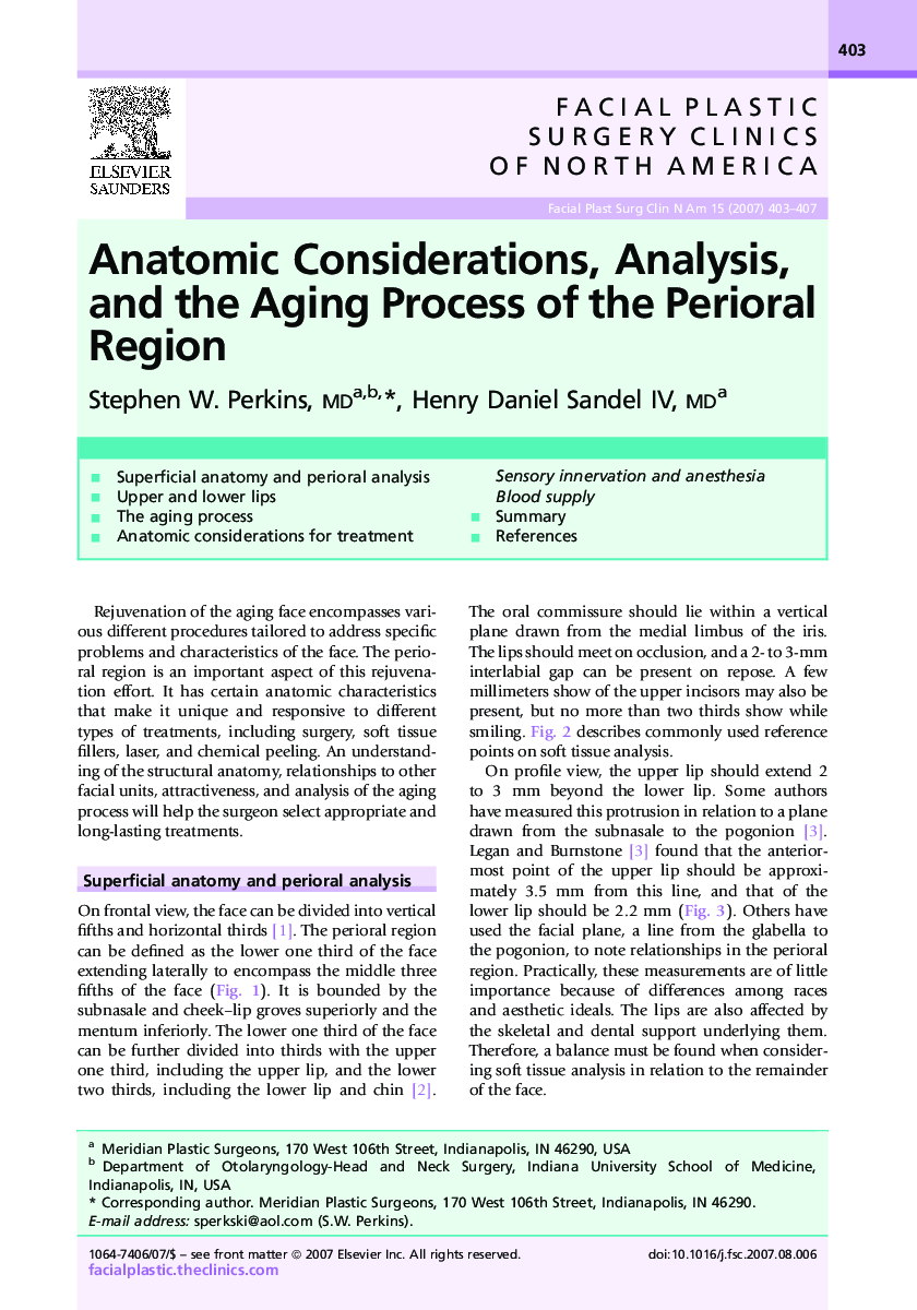 Anatomic Considerations, Analysis, and the Aging Process of the Perioral Region