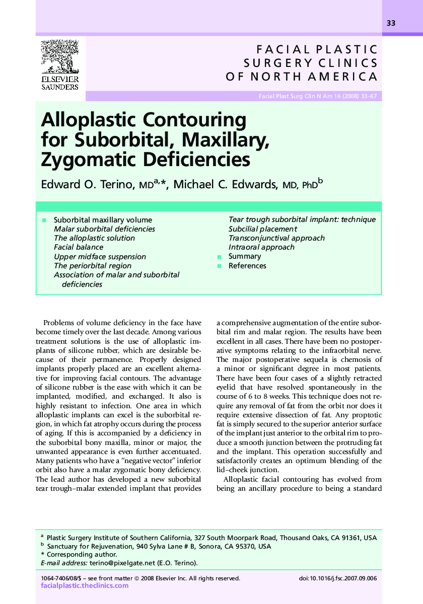Alloplastic Contouring for Suborbital, Maxillary, Zygomatic Deficiencies