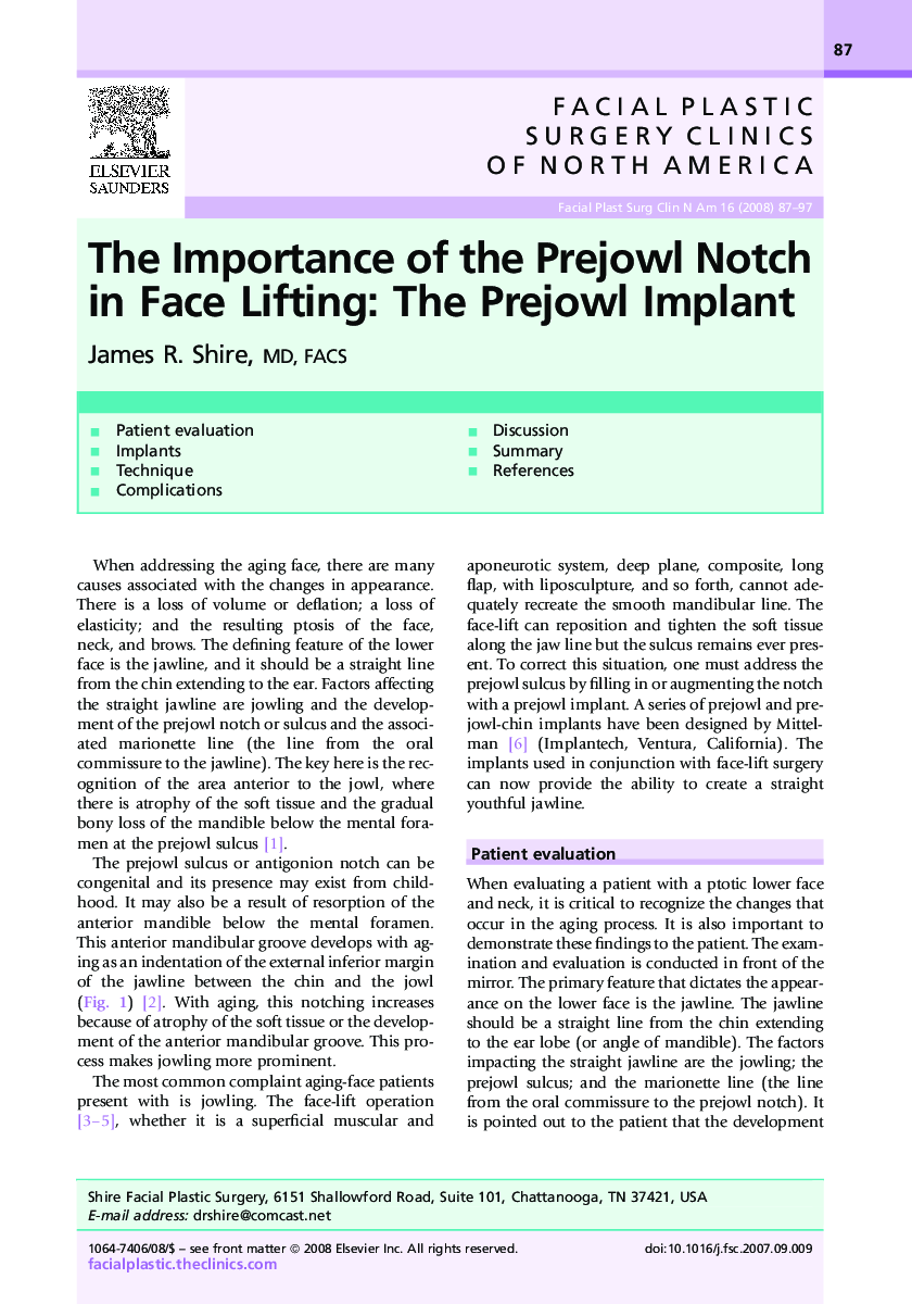 عکس صفحه اول مقاله: The Importance of the Prejowl Notch in Face Lifting: The Prejowl Implant The Importance of the Prejowl Notch in Face Lifting: The Prejowl Implant