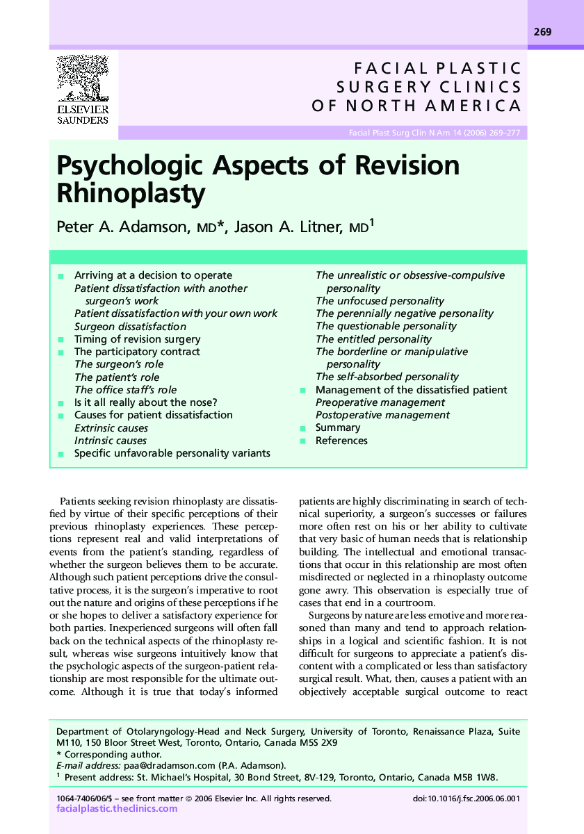 Psychologic Aspects of Revision Rhinoplasty