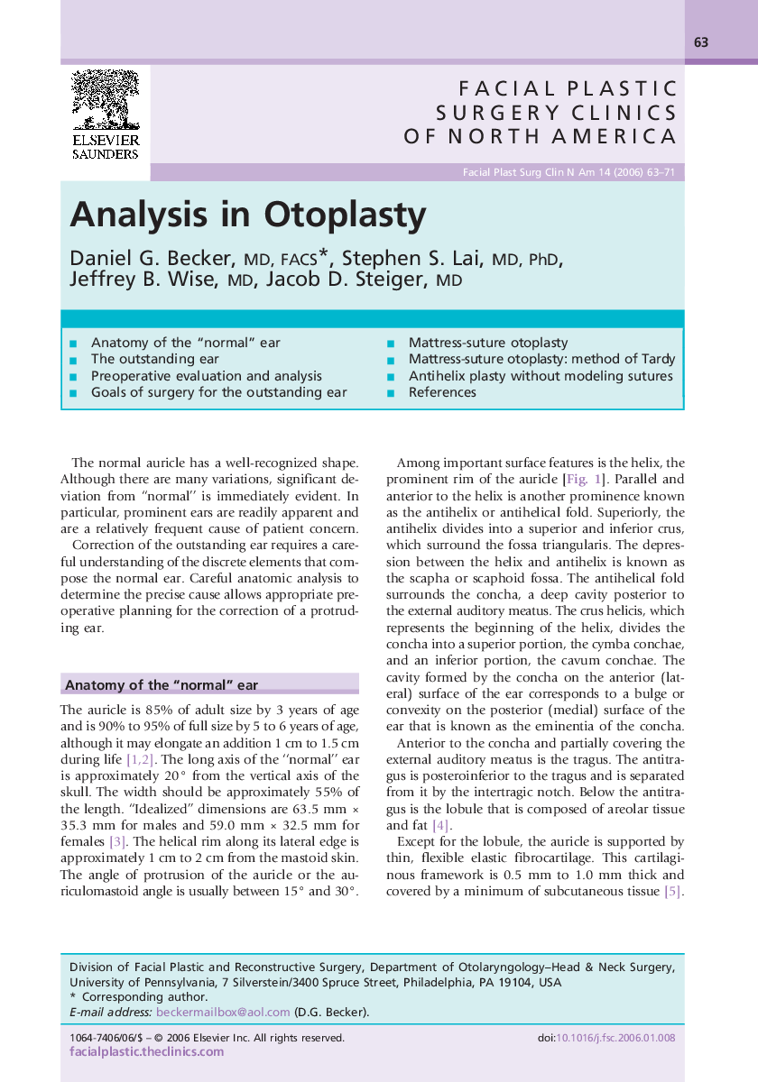 عکس صفحه اول مقاله: Analysis in Otoplasty Analysis in Otoplasty
