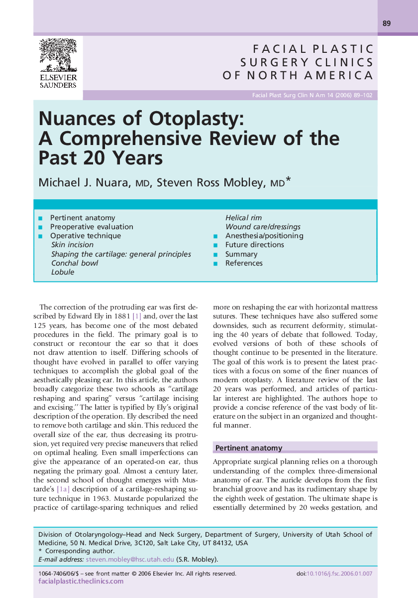 Nuances of Otoplasty: A Comprehensive Review of the Past 20 Years