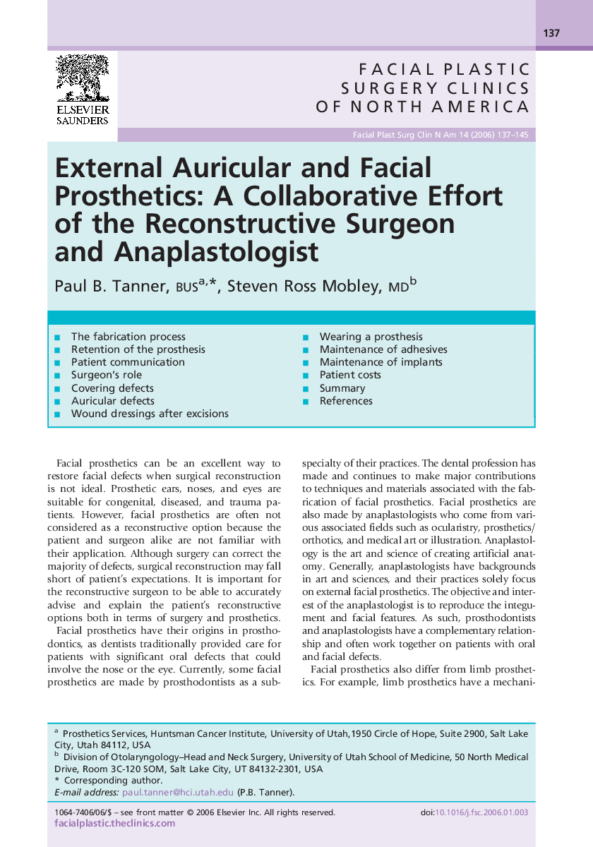 External Auricular and Facial Prosthetics: A Collaborative Effort of the Reconstructive Surgeon and Anaplastologist